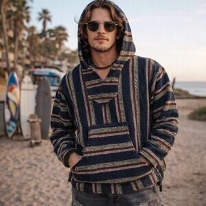Sunspecs Baja Hoodie Sweater Mens Medium Striped Pullover Surf Skater Grunge